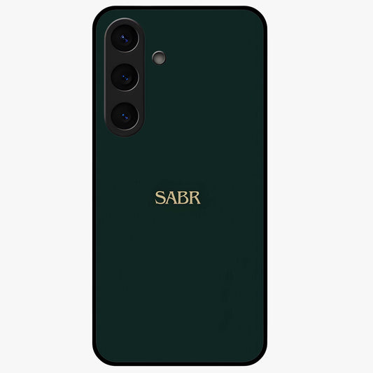Sabr Minimal Patience Glass Case showing flat back view with minimalist typography artwork and glossy glass finish.