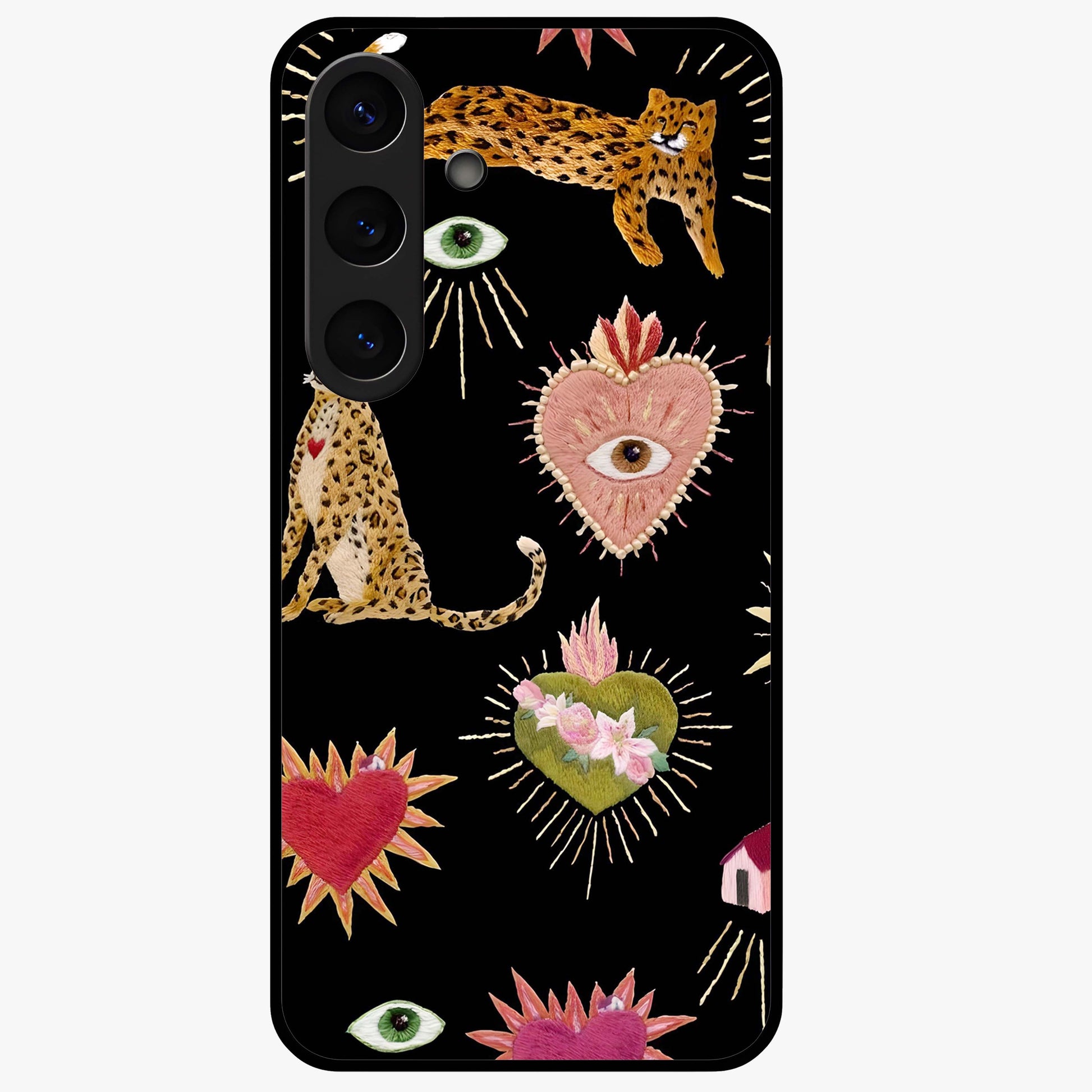 Sacred Jungle Heart Glass Case showing flat back view with jungle inspired heart artwork and glossy glass finish.