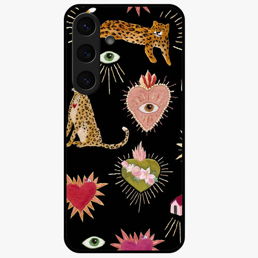 Sacred Jungle Heart Glass Case showing flat back view with jungle inspired heart artwork and glossy glass finish.