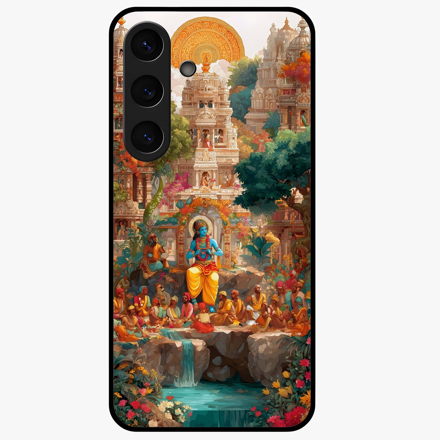 Sacred Sunlight Gods Glass Case showing flat back view with divine sunlight themed artwork and glossy glass finish.