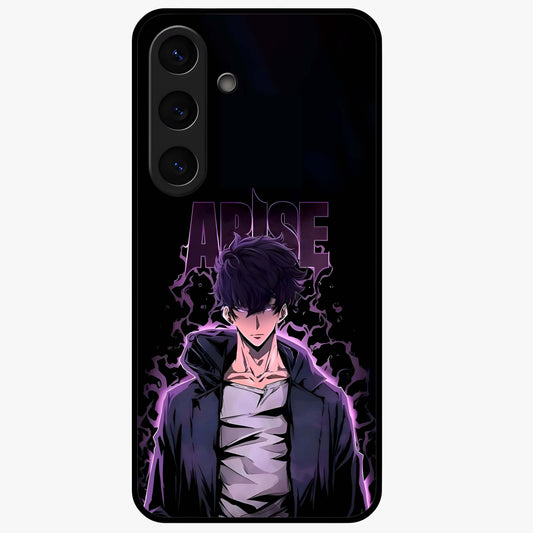 Shadow Monarch Awakening Glass Case showing flat back view with powerful dark monarch themed artwork and glossy glass finish.