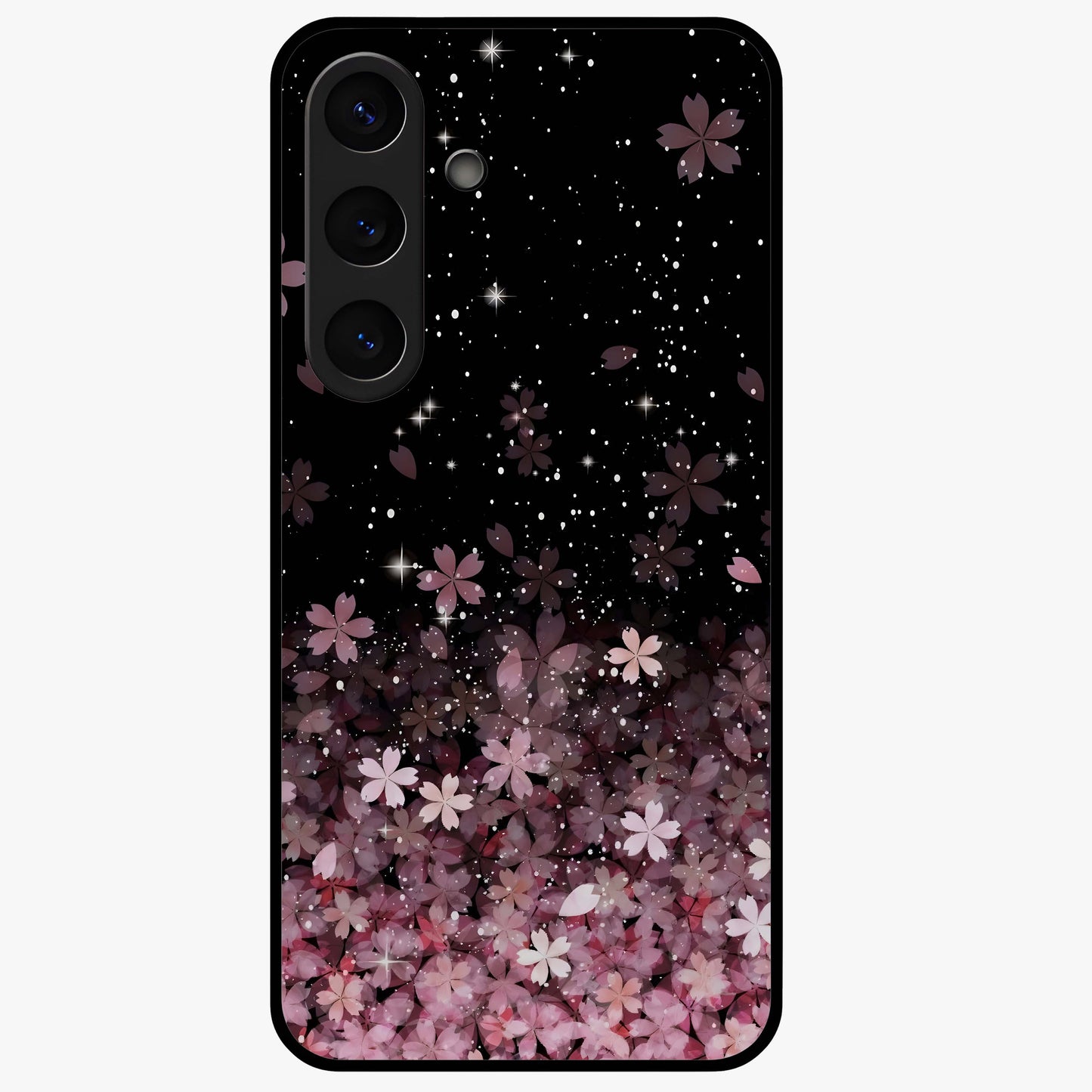 Small Starry Flowers Glass Case showing flat back view with delicate starry floral artwork and glossy glass finish.