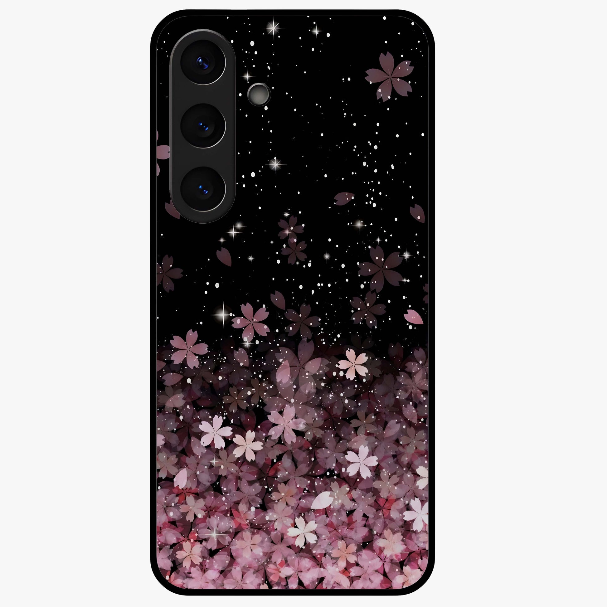 Small Starry Flowers Glass Case showing flat back view with delicate starry floral artwork and glossy glass finish.