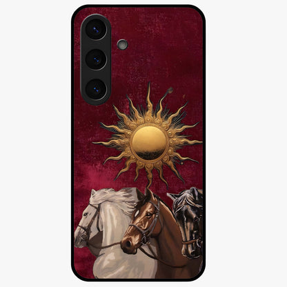 Solar Riders Glass Case showing flat back view with dynamic rider themed artwork and glossy glass finish.