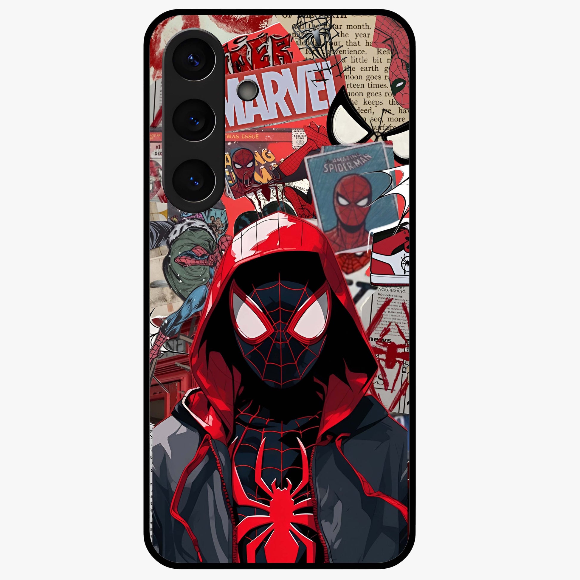 Spider Collage Street Glass Case showing flat back view with vibrant superhero collage artwork and glossy glass finish.