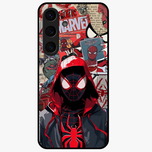 Spider Collage Street Glass Case showing flat back view with vibrant superhero collage artwork and glossy glass finish.