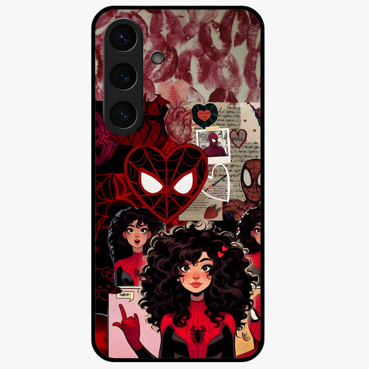 Spider Love Story Glass Case showing flat back view with romantic superhero themed artwork and glossy glass finish.