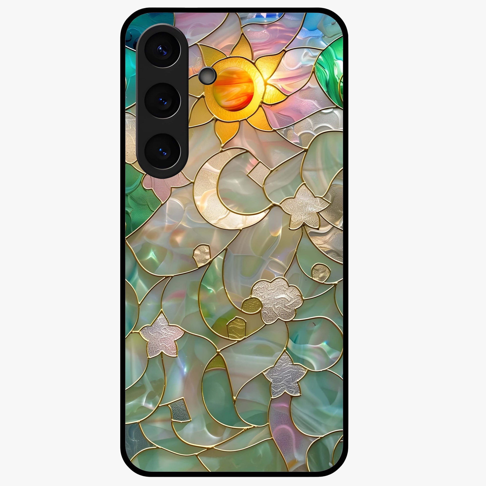 Stained Sunrise Glow Glass Case showing flat back view with glowing sunrise stained pattern artwork and glossy glass finish.