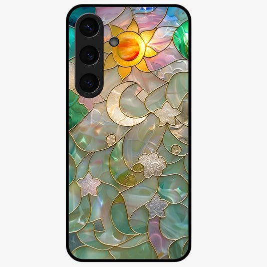 Stained Sunrise Glow Glass Case showing flat back view with glowing sunrise stained pattern artwork and glossy glass finish.