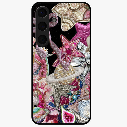 Starlit Jewel Dream Glass Case showing flat back view with sparkling jewel and star themed artwork and glossy glass finish.
