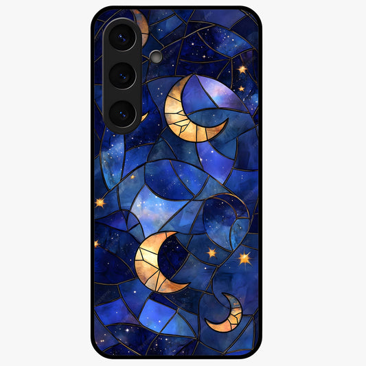 Starlit Sky Tapestry Glass Case showing flat back view with decorative starry sky tapestry artwork and glossy glass finish.