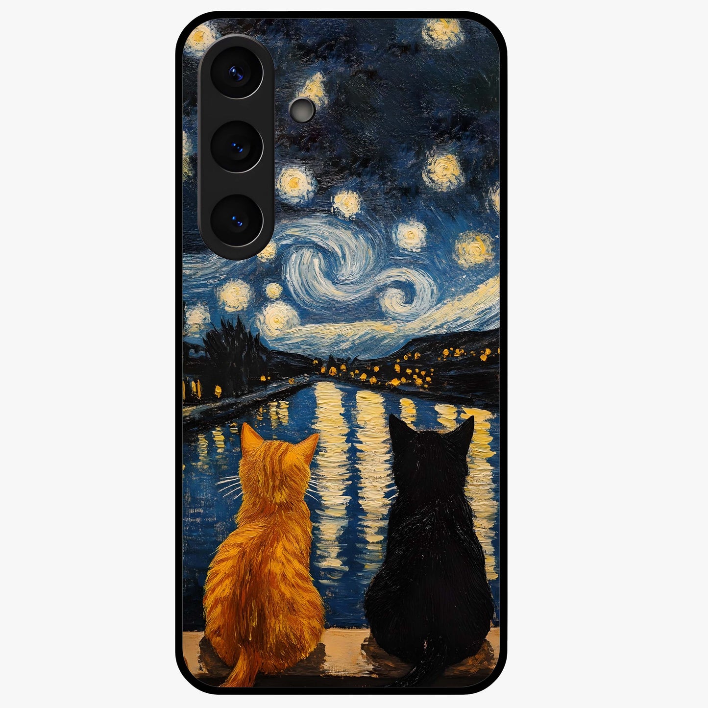 Starry River Cats Glass Case showing flat back view with cats by a starry river artwork and glossy glass finish.