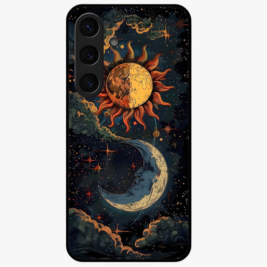 Sun And Moon Magic Design Glass Case showing flat back view with mystical sun and moon artwork and glossy glass finish.