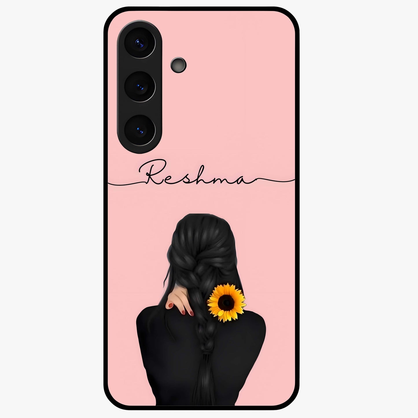 Sunflower Braid Beauty With Custom Name Glass Case showing flat back view with sunflower braid artwork and personalized name design.