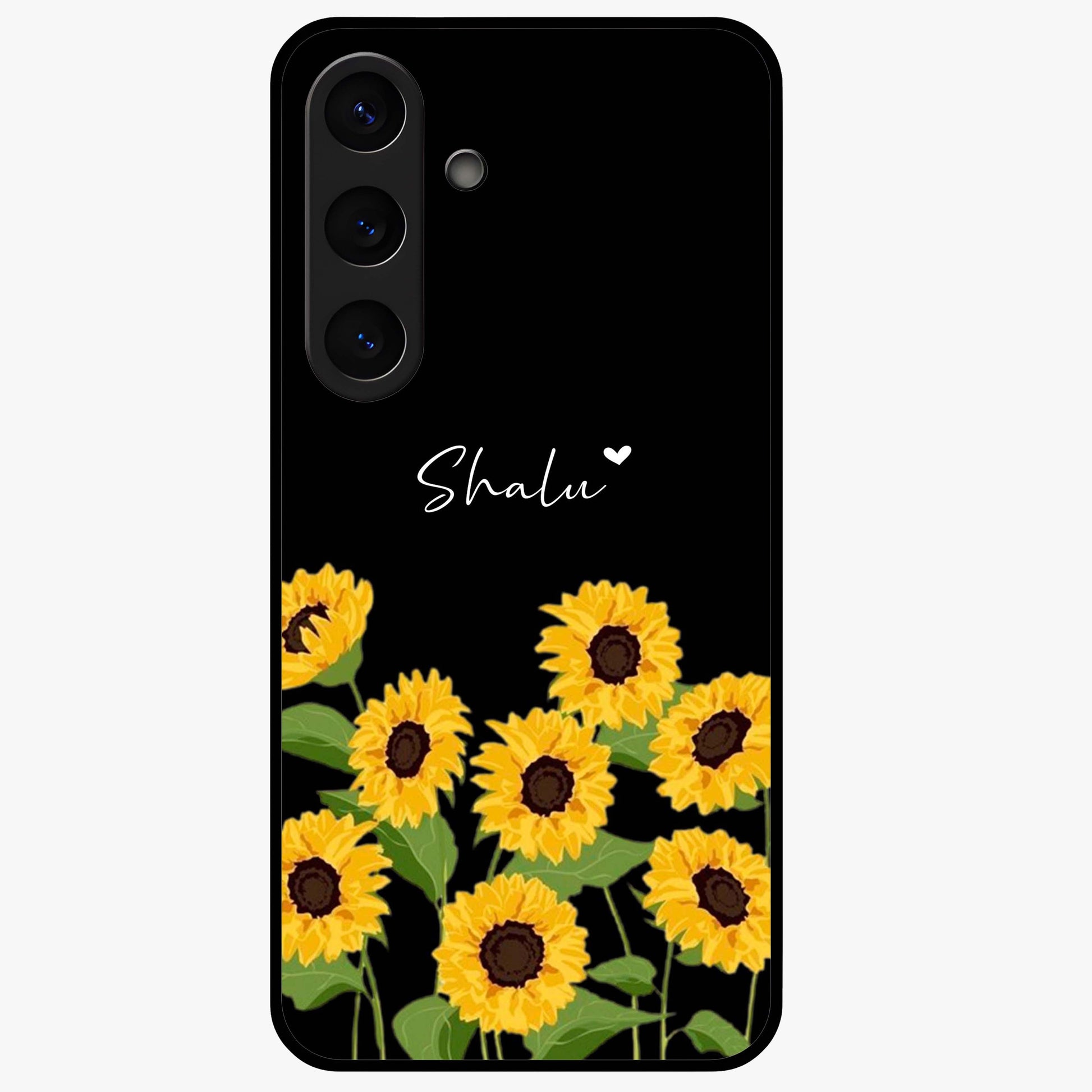 Sunflower Chic Mood Custom Name Glass Case showing flat back view with stylish sunflower artwork and personalized name design.