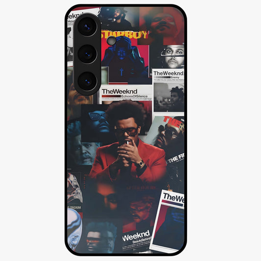 The Weeknd Glass Case showing flat back view with music inspired artistic portrait artwork and glossy glass finish.