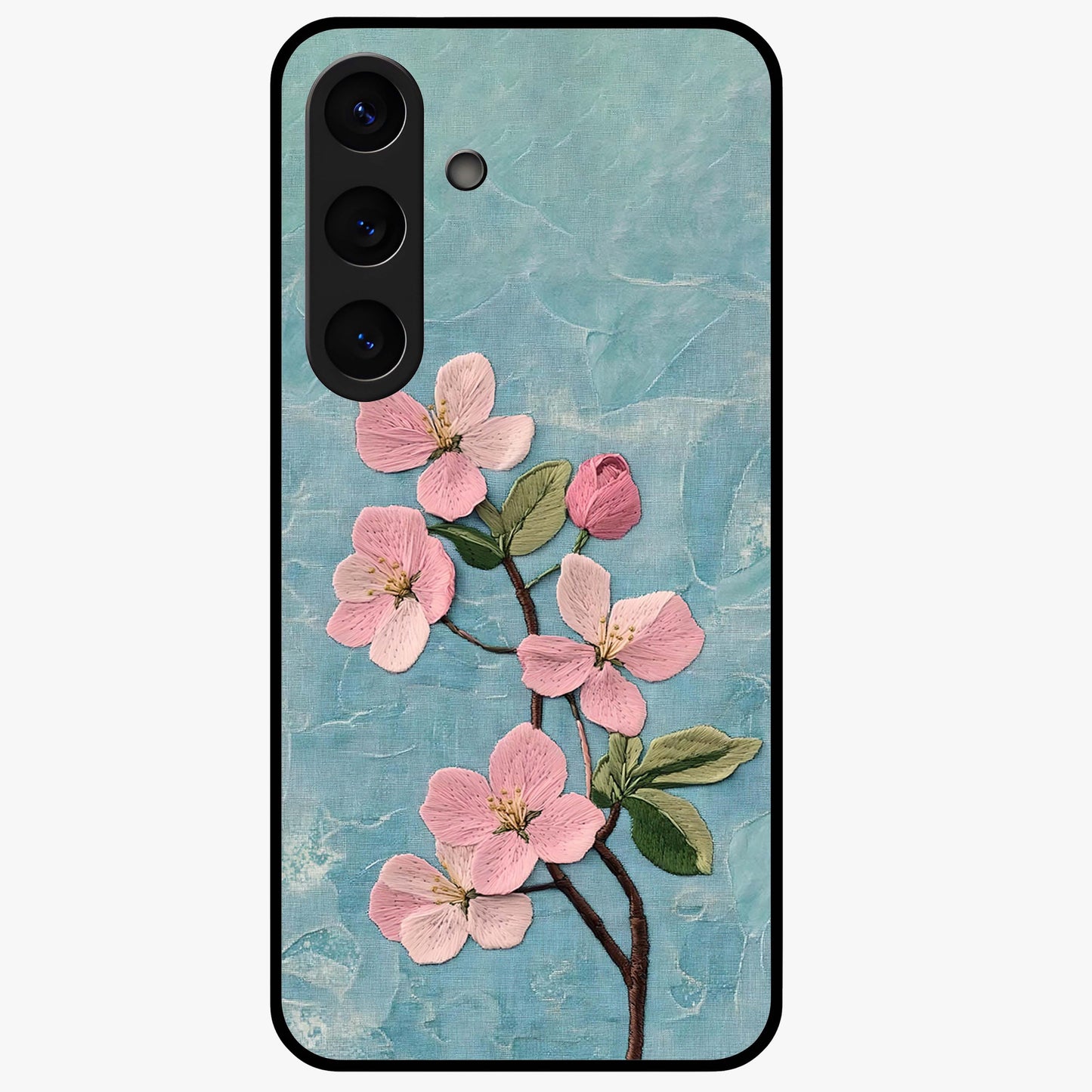 Threaded Blossom Breeze Glass Case showing flat back view with delicate blossom artwork and glossy glass finish.