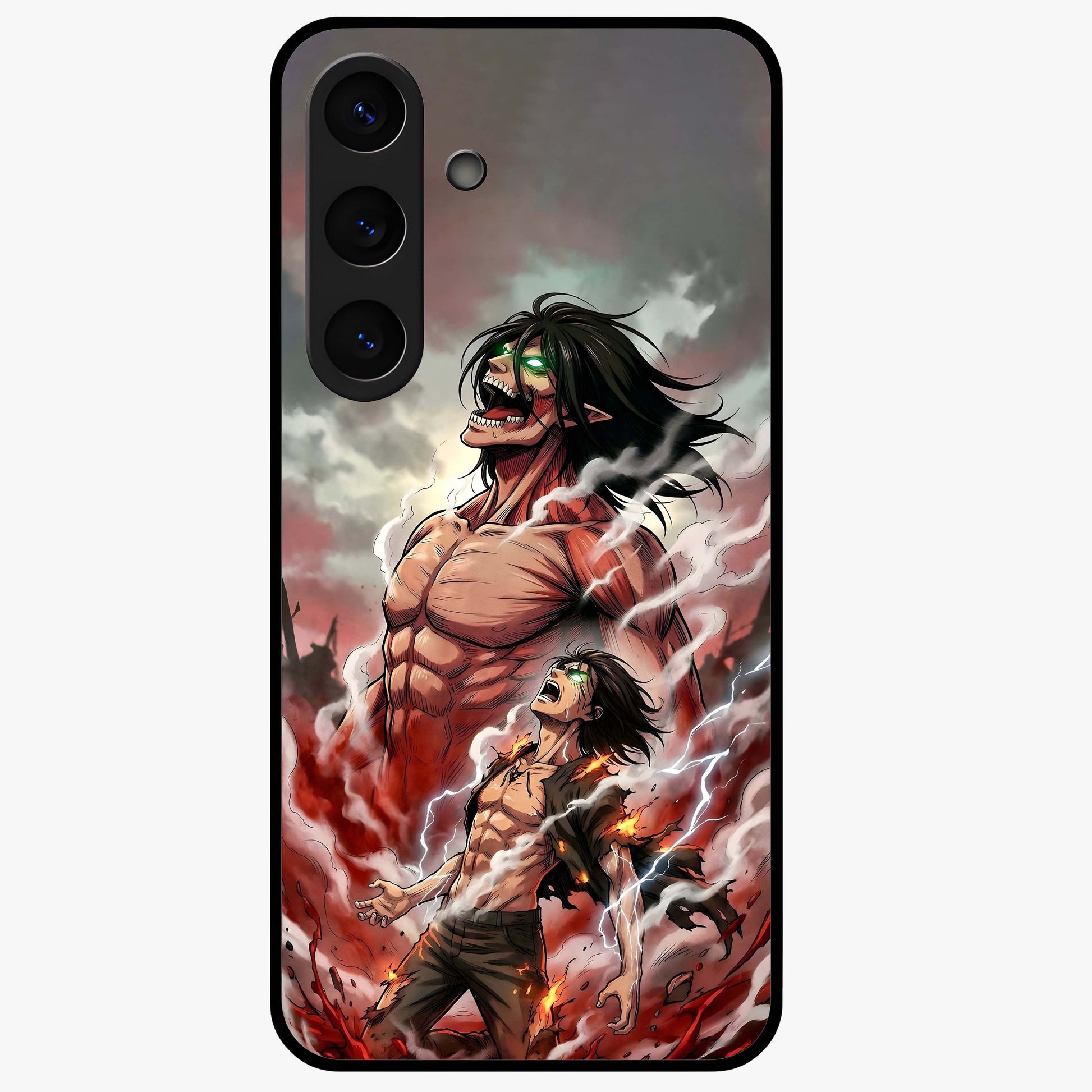 Titan Awakening Fury Glass Case showing flat back view with powerful titan inspired artwork and glossy glass finish.
