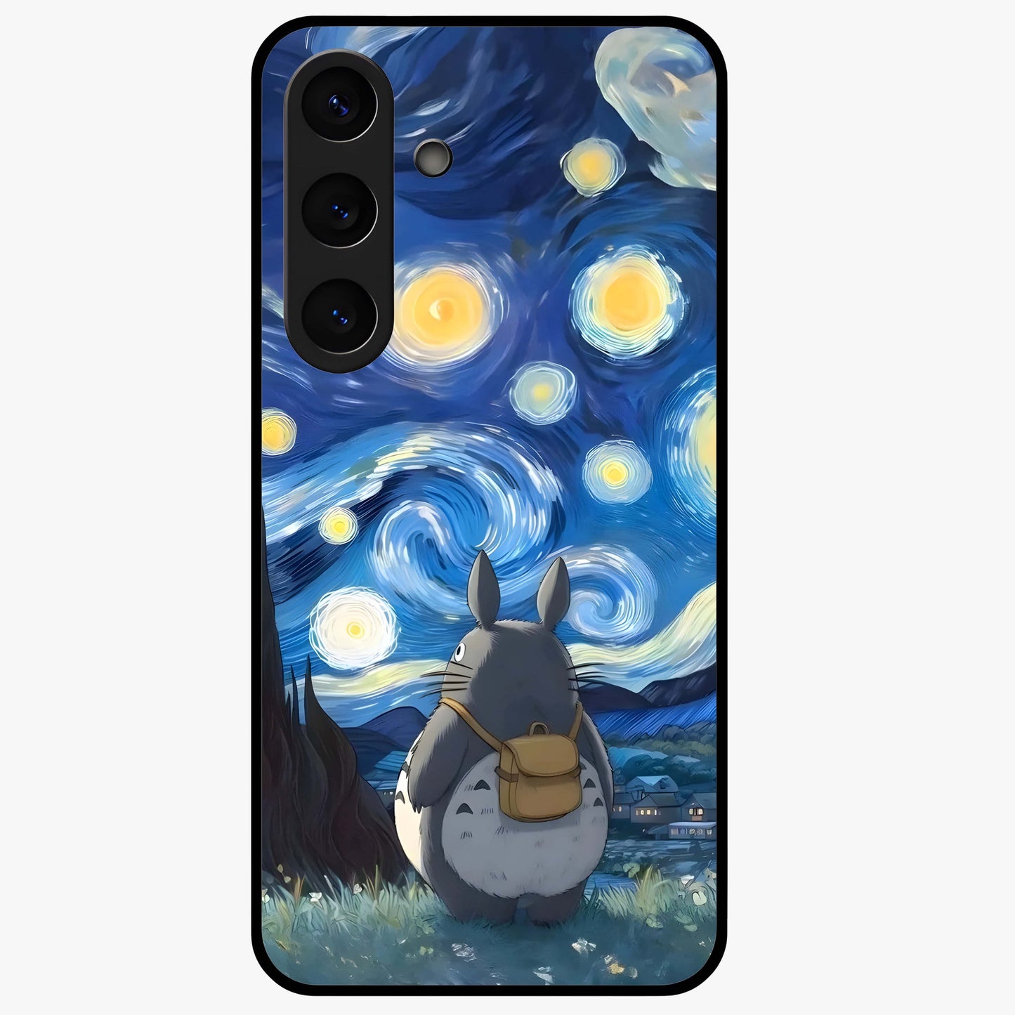 Totoro In Van Gogh Art Glass Case showing flat back view with whimsical character artwork inspired by Van Gogh style and glossy glass finish.
