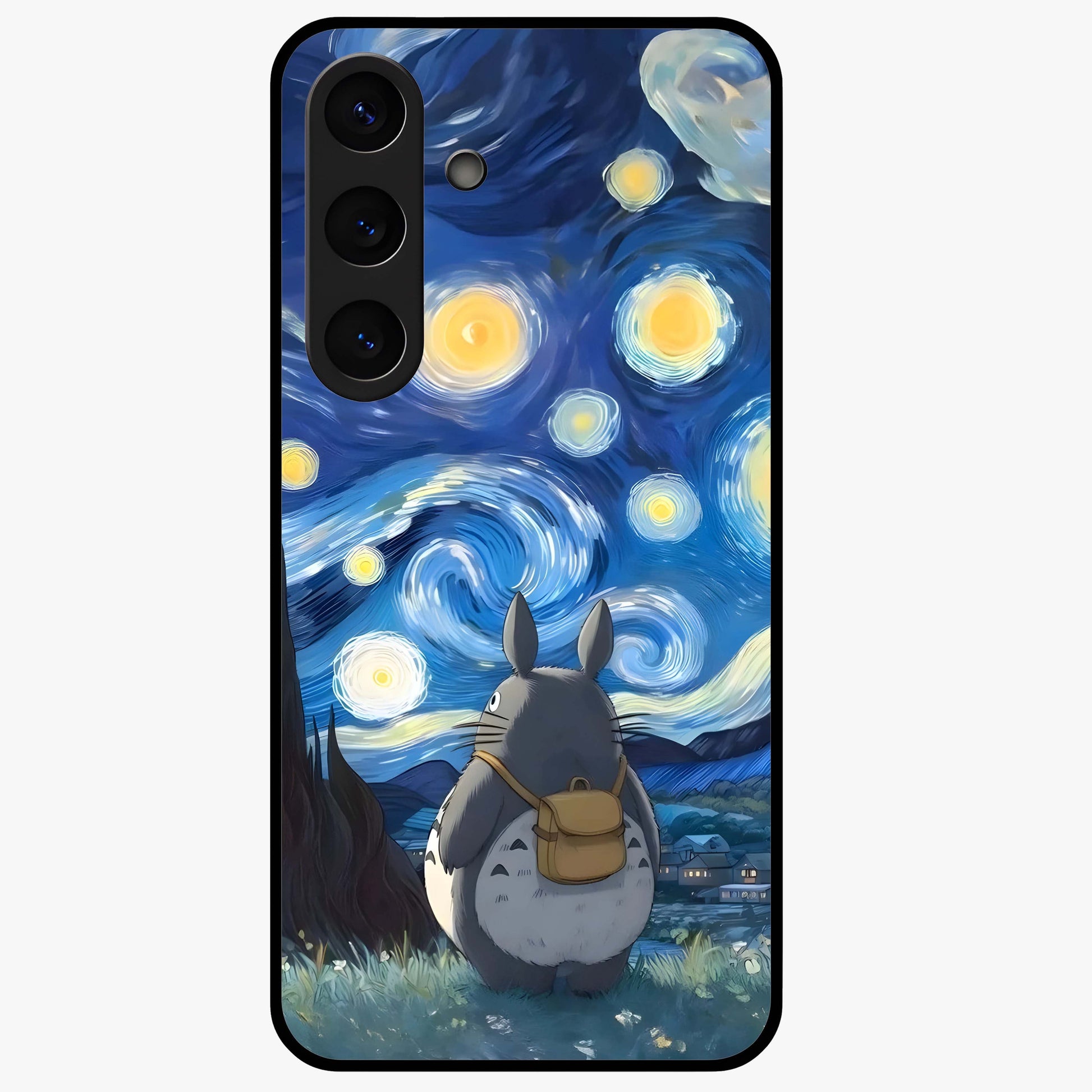 Totoro In Van Gogh Art Glass Case showing flat back view with whimsical character artwork inspired by Van Gogh style and glossy glass finish.