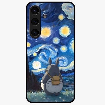 Totoro In Van Gogh Art Glass Case showing flat back view with whimsical character artwork inspired by Van Gogh style and glossy glass finish.