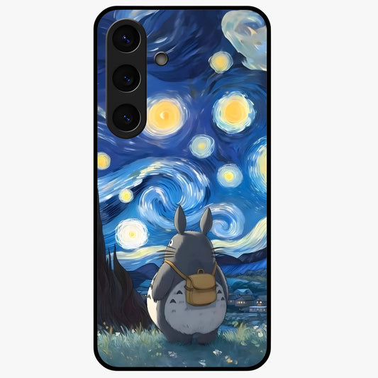 Totoro In Van Gogh Art Glass Case showing flat back view with whimsical character artwork inspired by Van Gogh style and glossy glass finish.