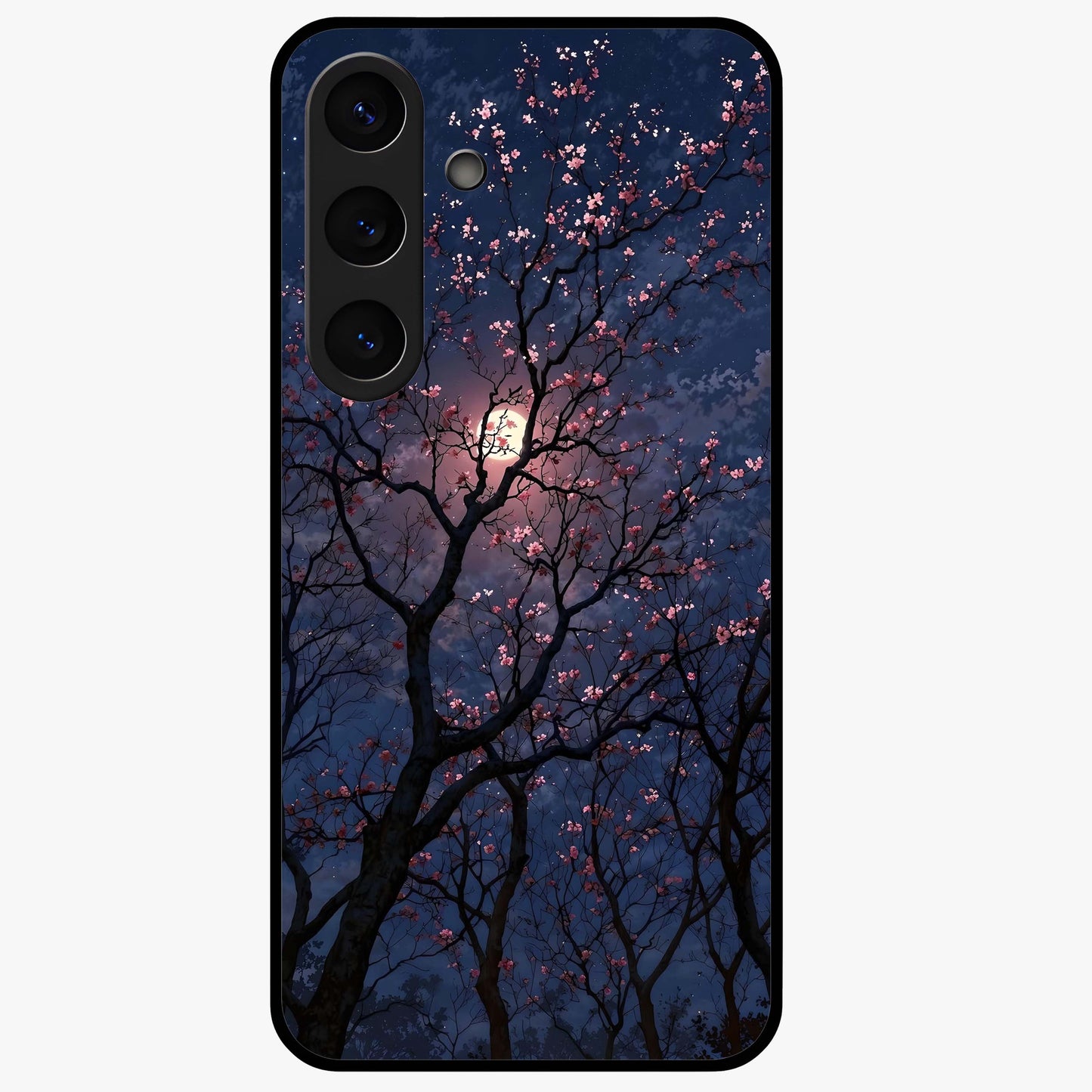 Twilight Sakura Serenade Glass Case showing flat back view with cherry blossom artwork at twilight and glossy glass finish.