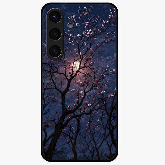 Twilight Sakura Serenade Glass Case showing flat back view with cherry blossom artwork at twilight and glossy glass finish.