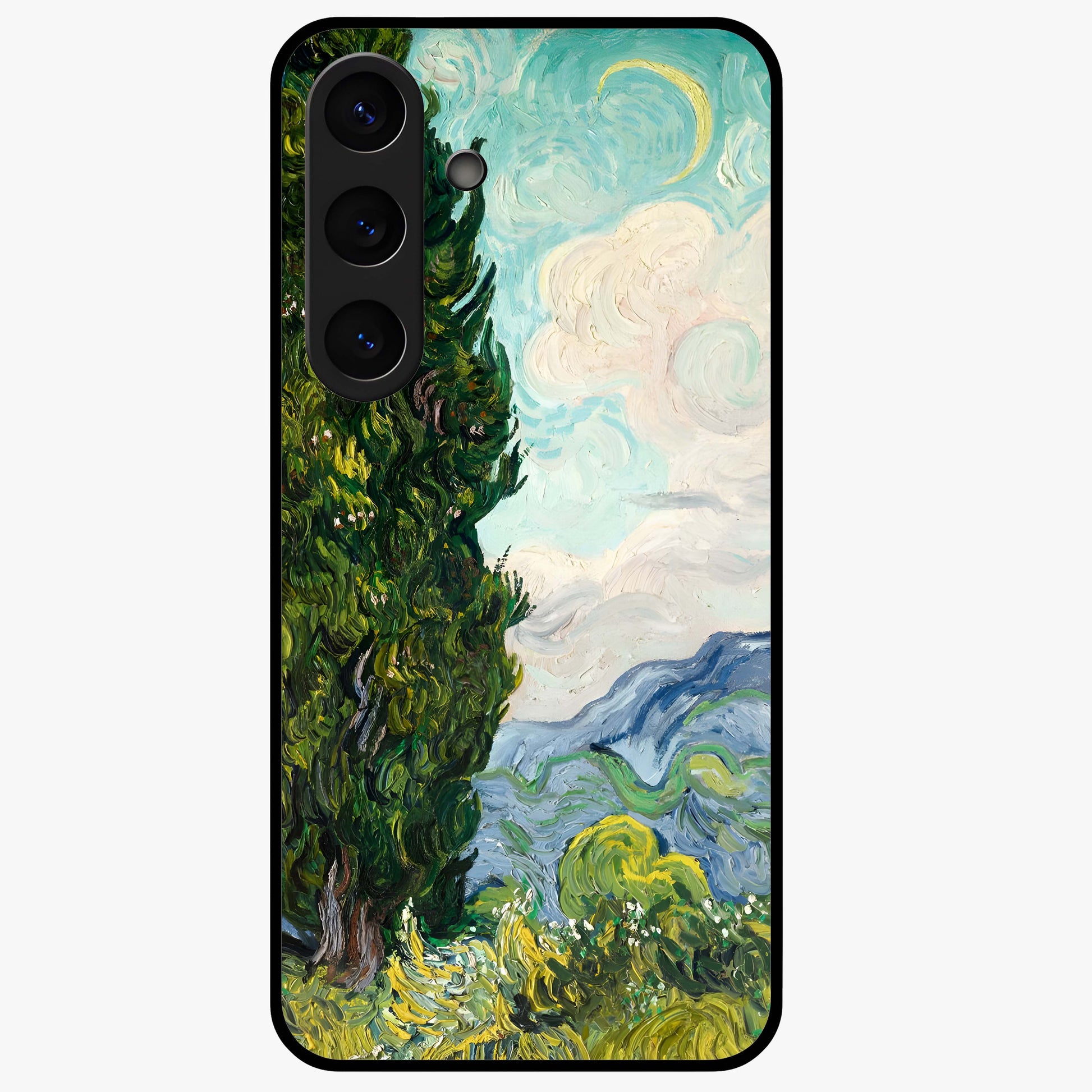 Van Gogh Vintage Art Glass Case showing flat back view with vintage painterly artwork inspired by Van Gogh style and glossy glass finish.