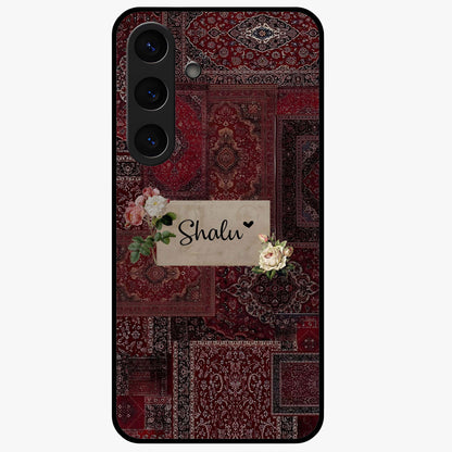 Velvet Wine Pattern Custom Name Glass Case showing flat back view with elegant wine colored pattern artwork and personalized name design.