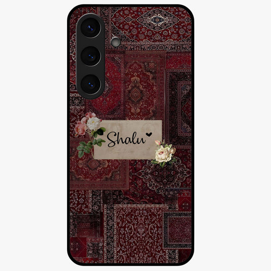 Velvet Wine Pattern Custom Name Glass Case showing flat back view with elegant wine colored pattern artwork and personalized name design.