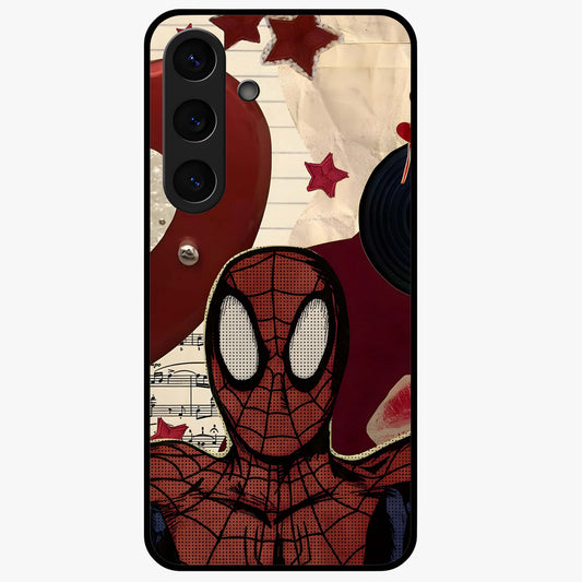 Web Warrior Vibes Glass Case showing flat back view with superhero inspired web themed artwork and glossy glass finish.