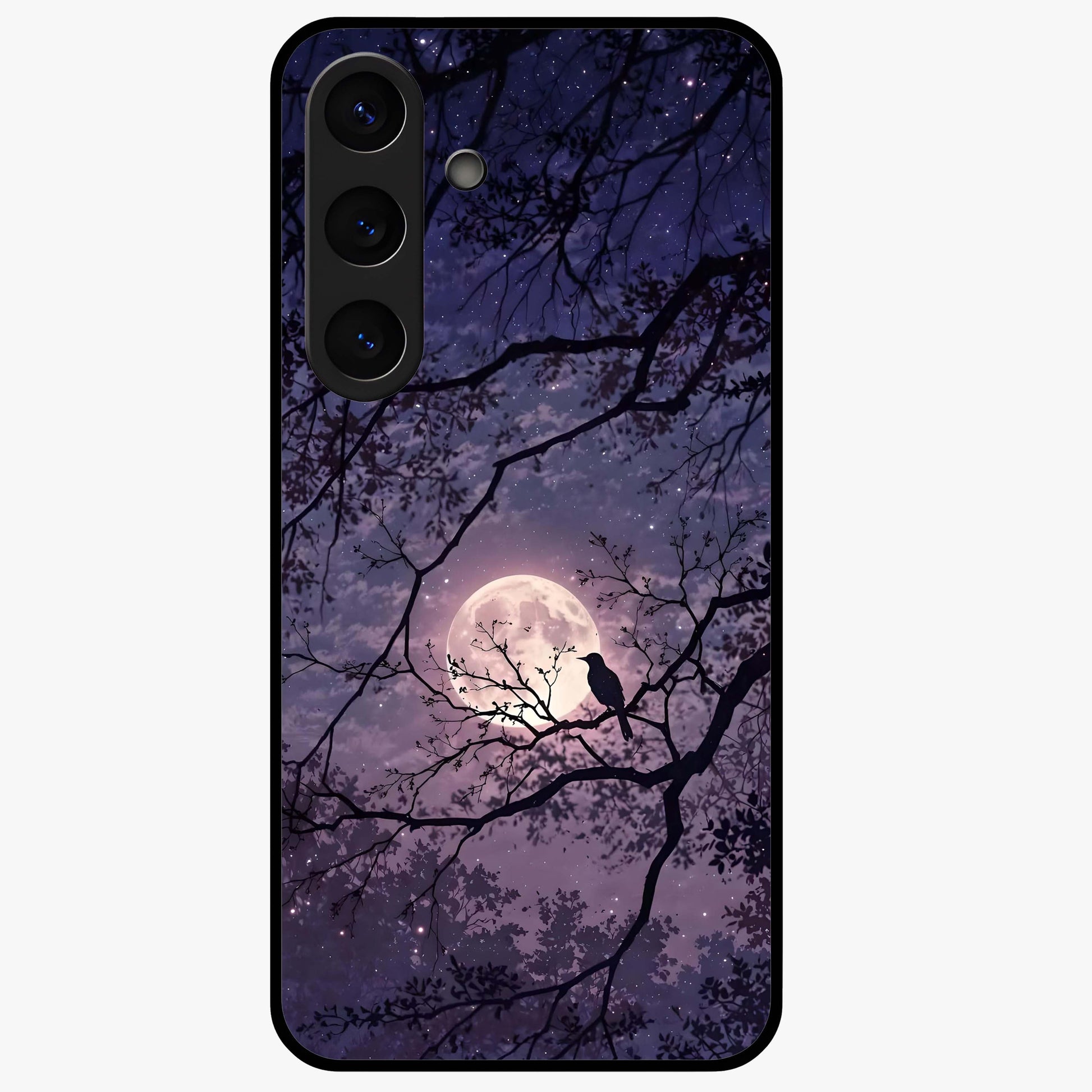Whispering Moon Silence Glass Case showing flat back view with serene moon themed artwork and glossy glass finish.