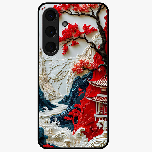 Whispers Of Sakura Waves Glass Case showing flat back view with cherry blossom wave artwork and glossy glass finish.