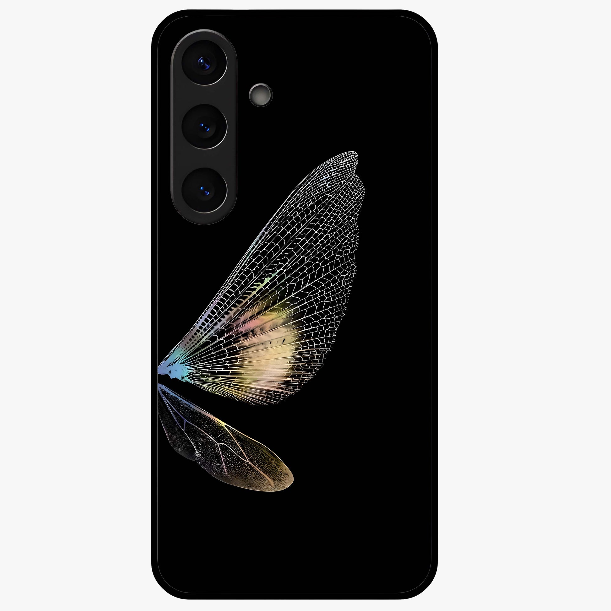 Whispers Of Wings Glass Case showing flat back view with graceful wing inspired artwork and glossy glass finish.