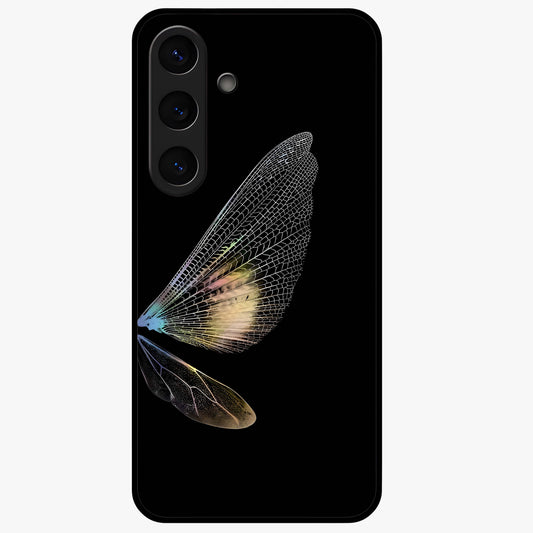 Whispers Of Wings Glass Case showing flat back view with graceful wing inspired artwork and glossy glass finish.
