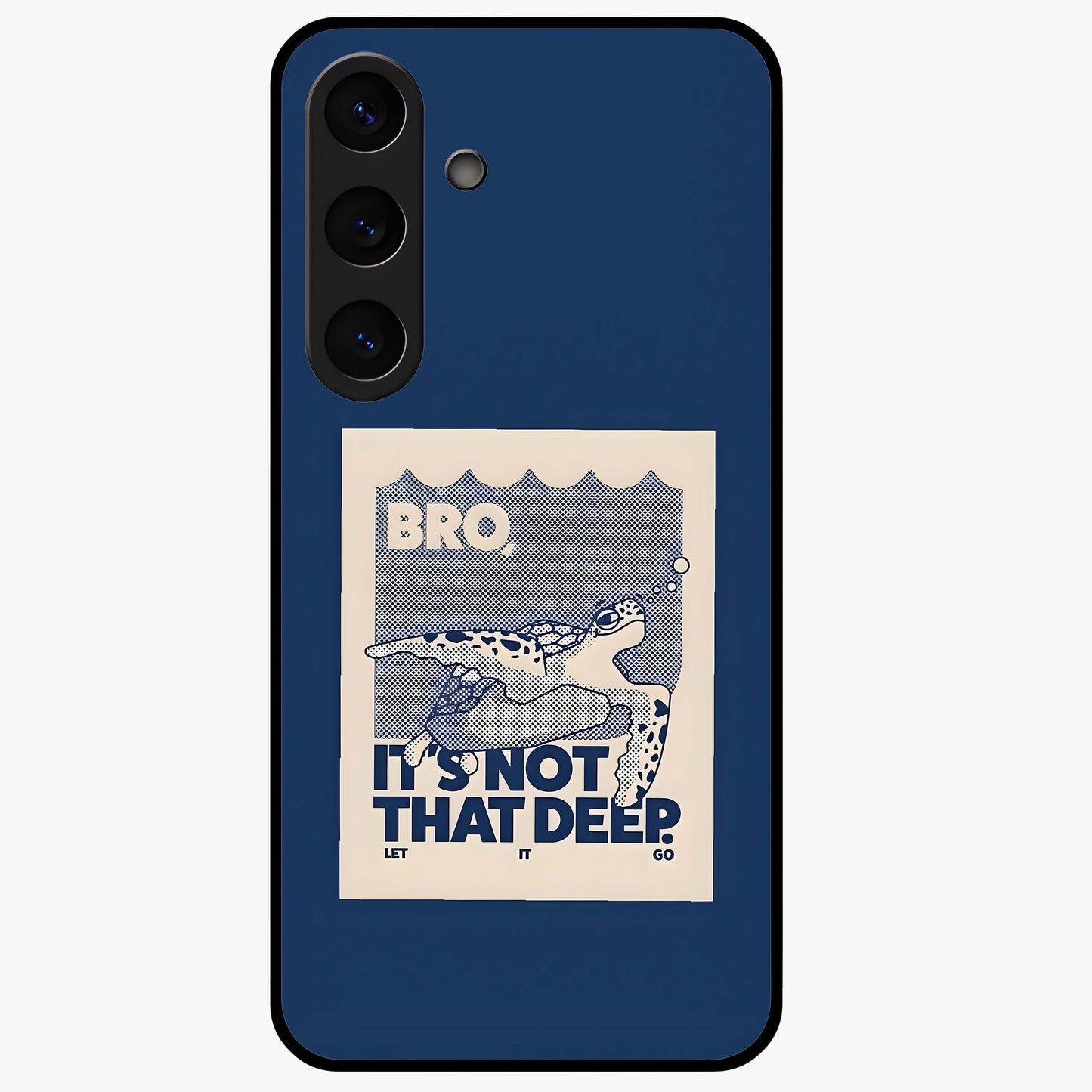 Worry Less Swim Glass Case showing flat back view with playful motivational artwork and glossy glass finish.