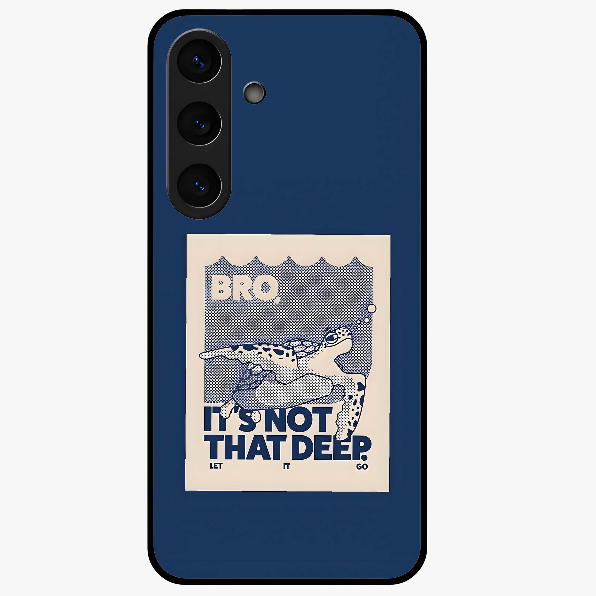 Worry Less Swim Glass Case showing flat back view with playful motivational artwork and glossy glass finish.