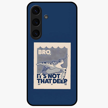 Worry Less Swim Glass Case showing flat back view with playful motivational artwork and glossy glass finish.
