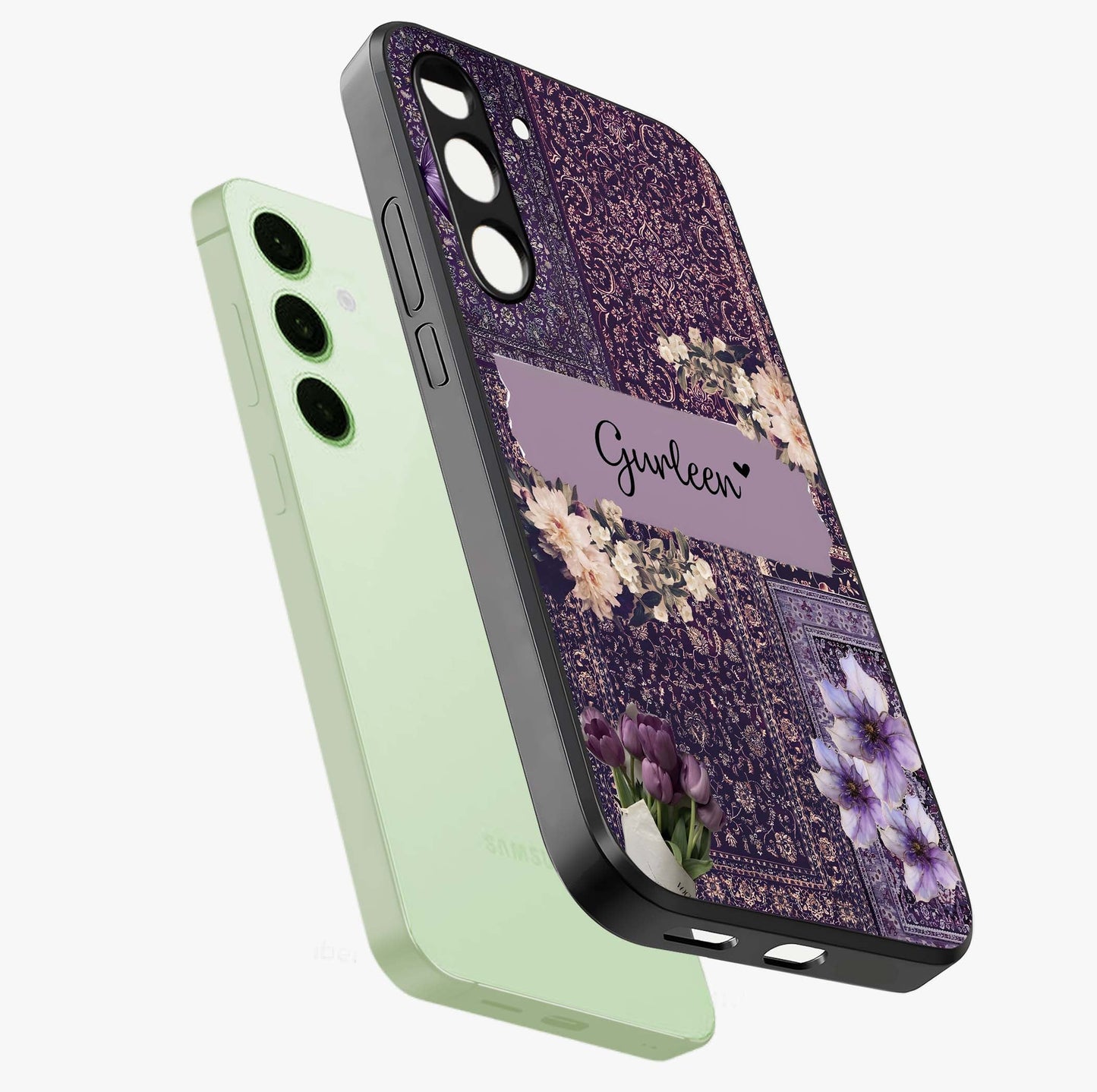 Antique Floral Whisper Custom Name Glass Case displayed in angled mockup highlighting elegant antique floral aesthetic.