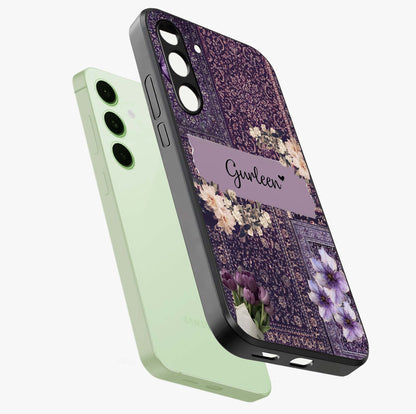 Antique Floral Whisper Custom Name Glass Case displayed in angled mockup highlighting elegant antique floral aesthetic.