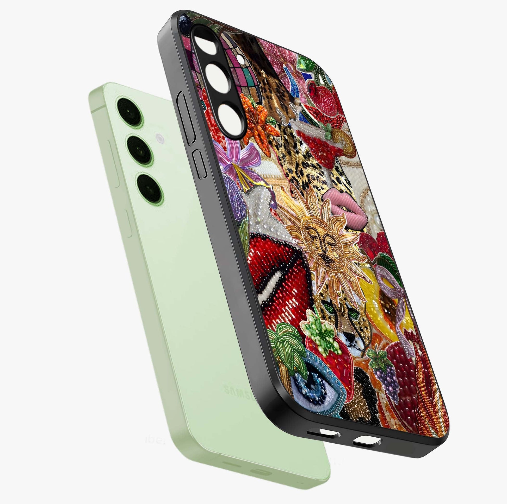 Beaded Fashion Jungle Glass Case displayed in angled mockup highlighting colorful fashion bead design and artistic pattern.