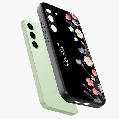 Black Elegance Floral Custom Name Glass Case displayed in angled mockup highlighting dark floral aesthetic and custom name feature.