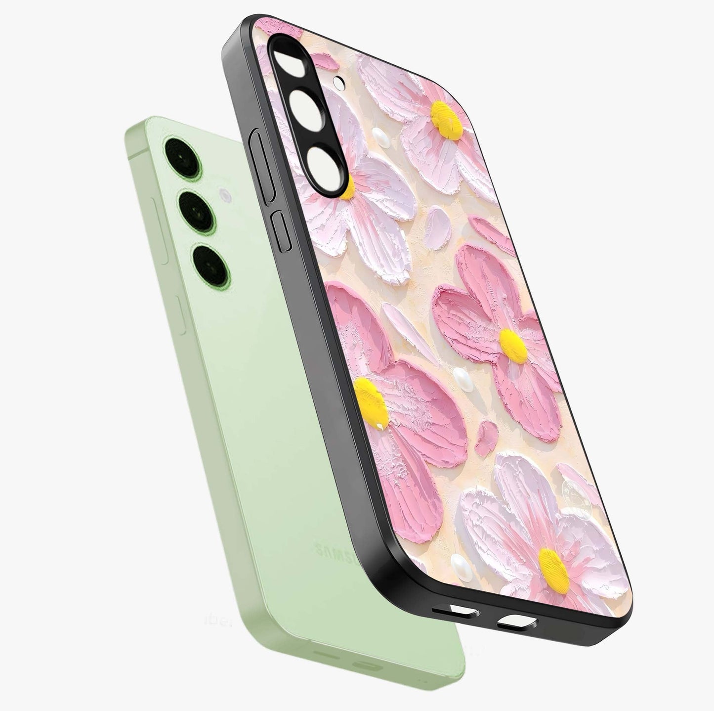 Blush Bloom Texture Glass Case displayed in angled mockup highlighting subtle bloom pattern with aesthetic pastel design.