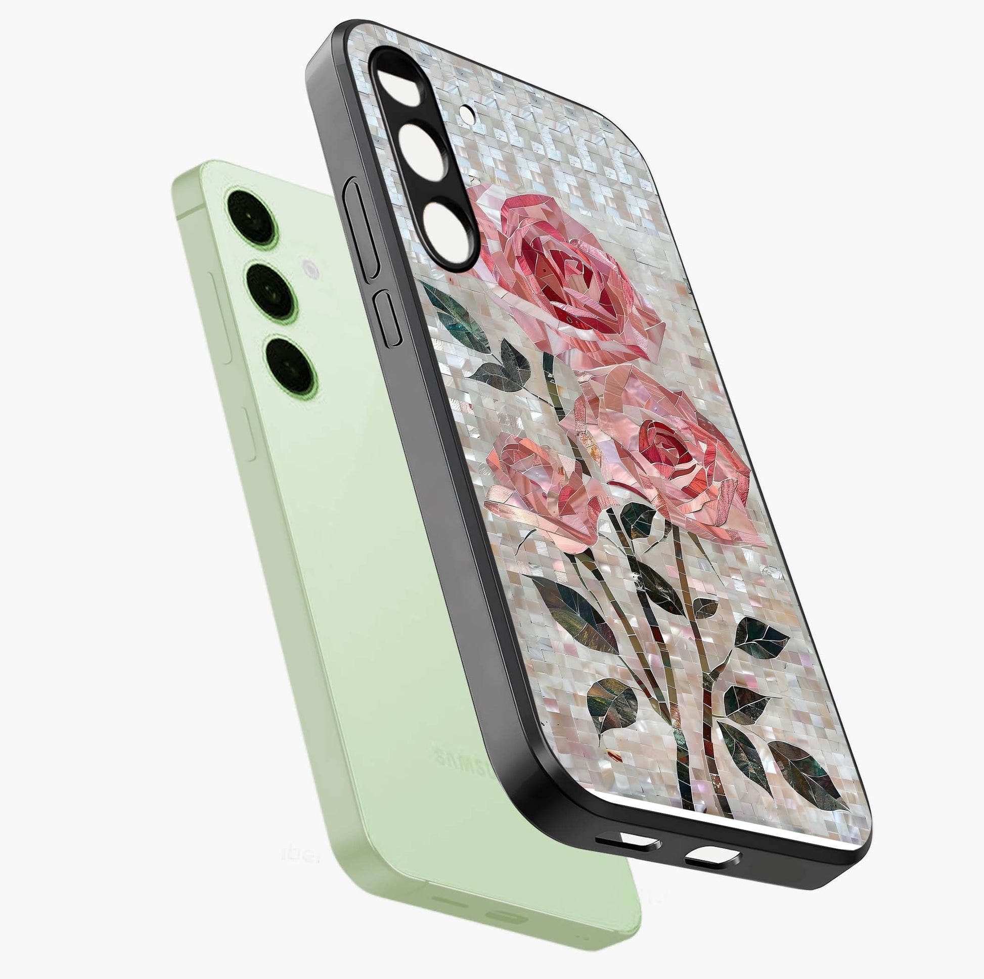 Blush Mosaic Bloom Glass Case displayed in angled mockup highlighting artistic mosaic flower pattern with aesthetic design.