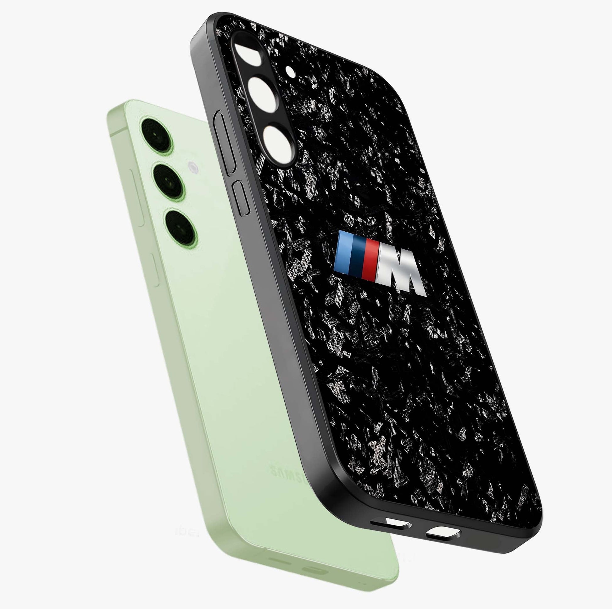 Carbon Speed Mark Glass Case displayed in angled mockup highlighting racing inspired carbon design and sleek aesthetic style.