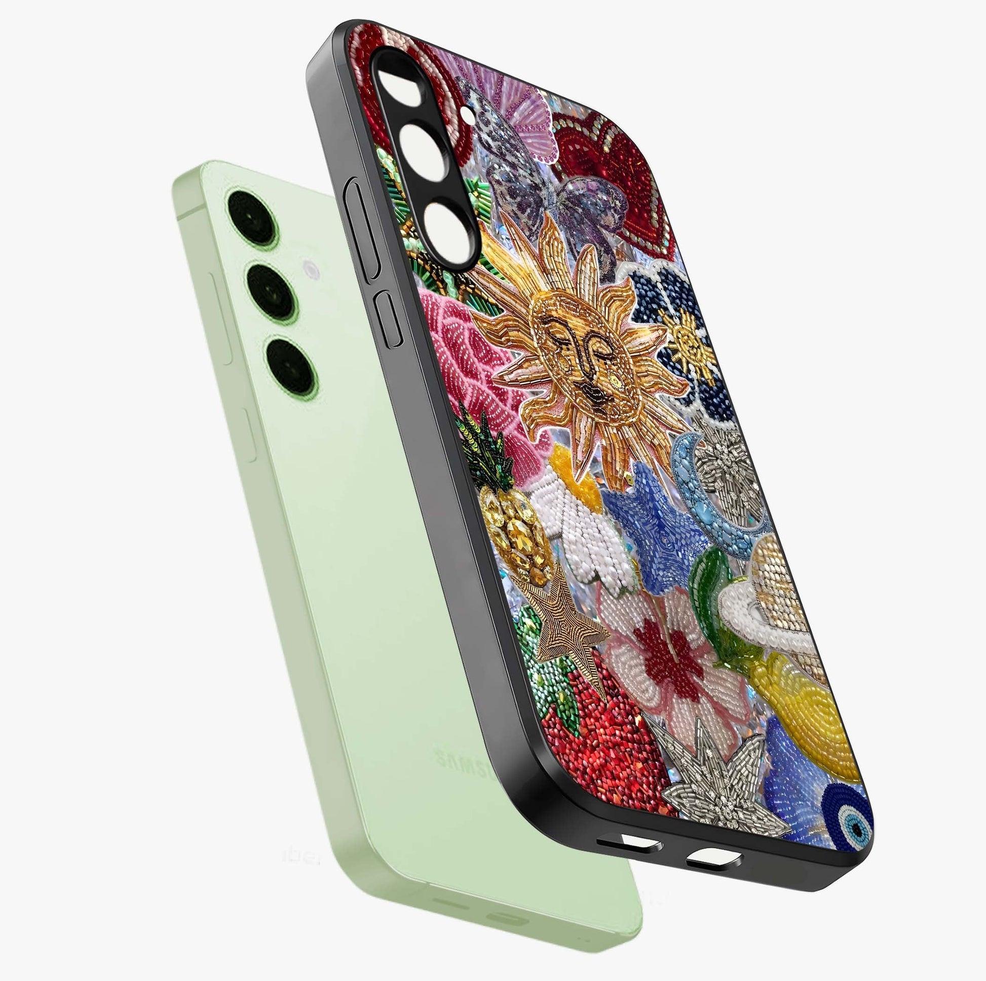 Celestial Floral and Playful Glass Case displayed in angled mockup highlighting playful floral design with dreamy celestial elements.