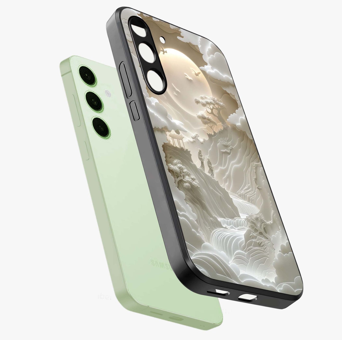 Celestial Origami Glass Case displayed in angled mockup highlighting geometric origami design with cosmic aesthetic theme.