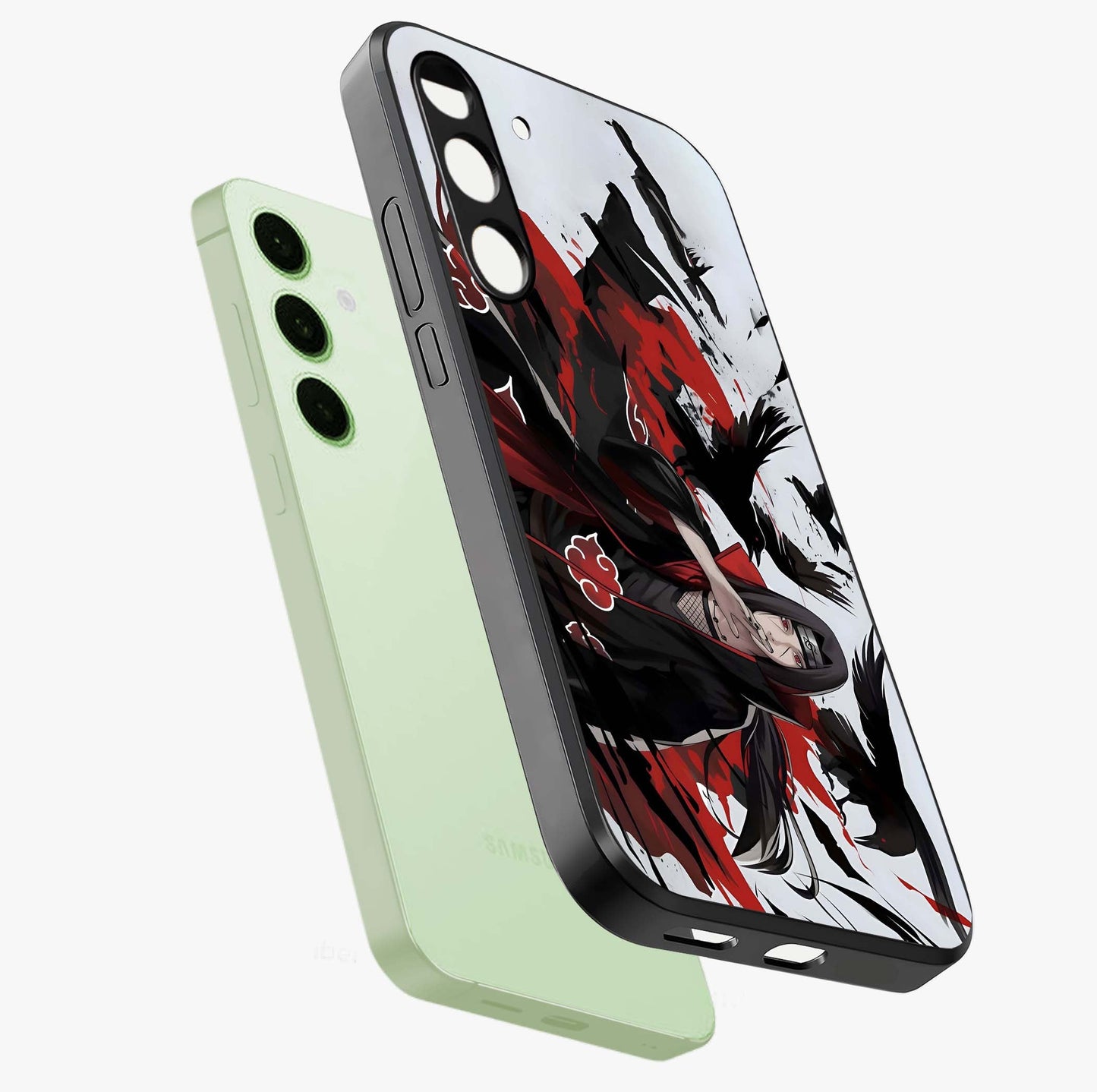 Crimson Crow Illusion Glass Case displayed in angled mockup highlighting mysterious crow graphic with dark aesthetic style.