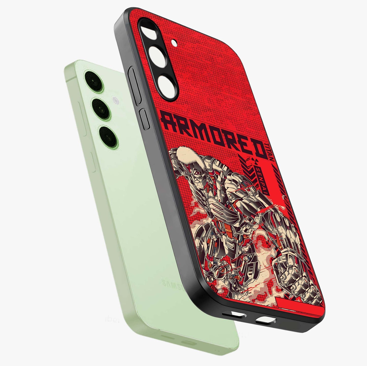 Crimson Mecha Titan Glass Case displayed in angled mockup highlighting futuristic mech illustration with bold crimson aesthetic.